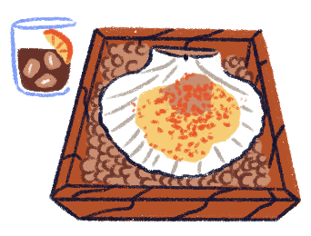 Ilustración de un plato con una vieira y un vermut