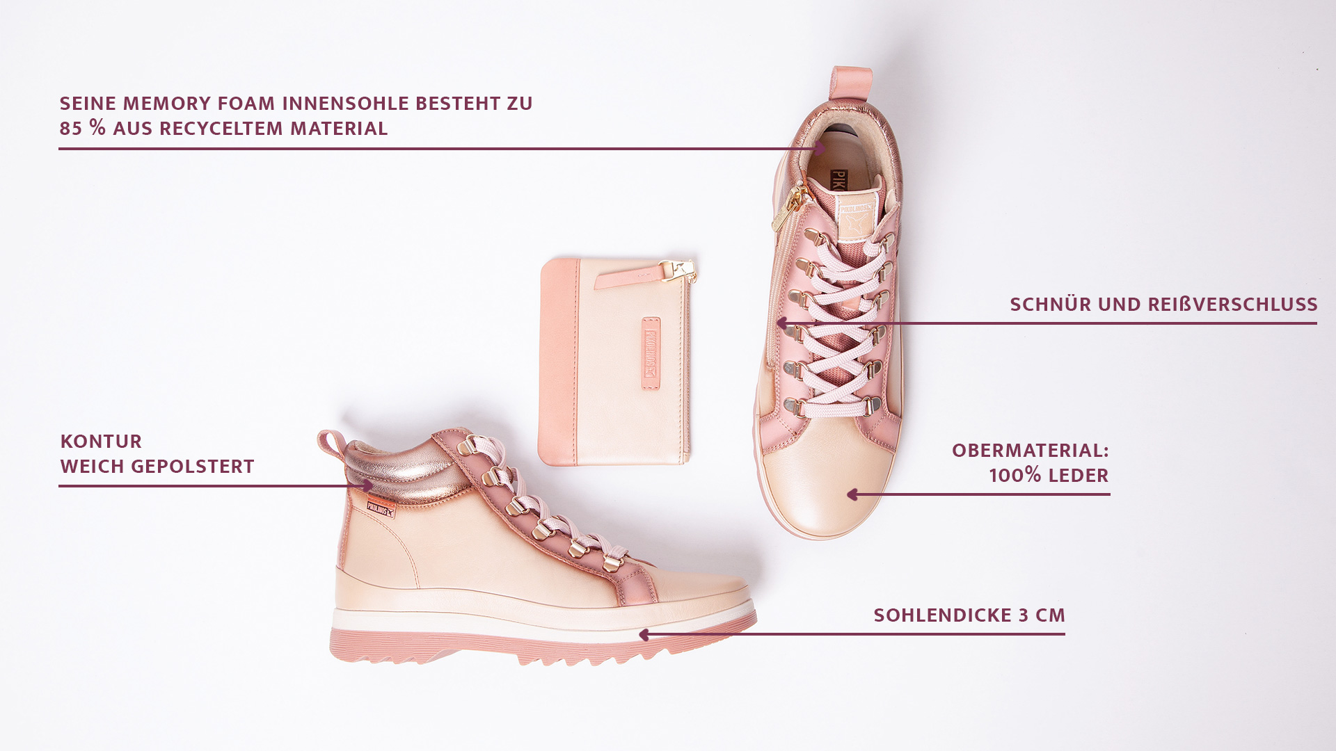 Picture Vigo ankle boots with their features and the pink purse on a white
    background